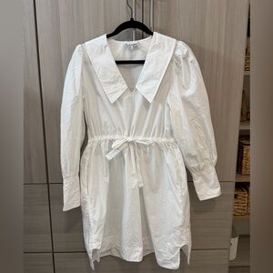 Ganni Crisp White Poplin  V-Neck Dress Peter Pan collar